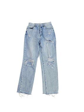 PacSun High Rise Straight Jeans Womens 27 Blue Light Wash Distressed Raw Denim
